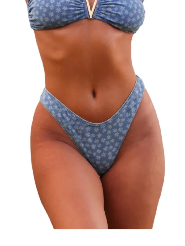 High Leg Thong Bikini Bottom In Daisy Denim