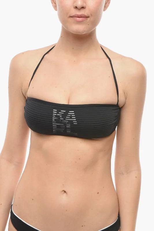 Karl Lagerfeld Solid Color Bandeau Bikini Top with Tone On Tone Striped Det