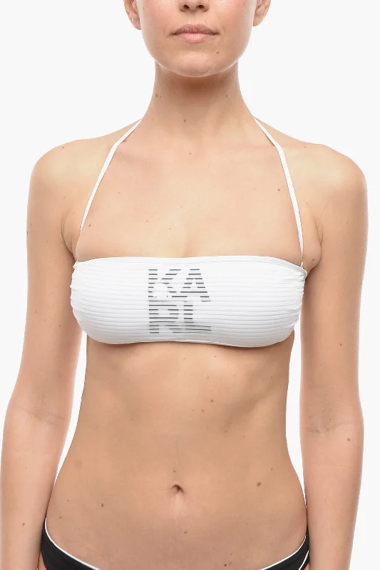 Karl Lagerfeld Solid Color Bandeau Bikini Top with Printed Contrasting Logo