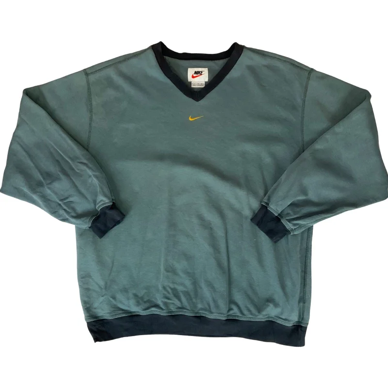 Vintage 90s 00s Nike Blue Green Grey Teal Nike V-Neck Embroidered Sweatshirt XXL