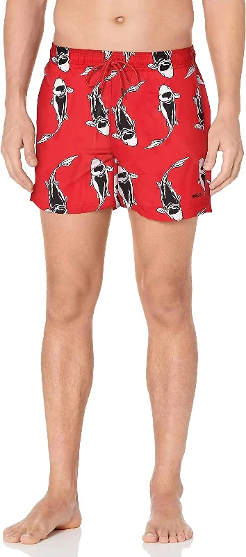 Men's Fish Animal Print Drawstrings Waist Swim Shorts In Red