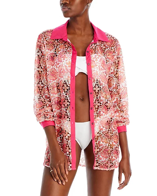 Gary Princed Lace Swim Cover Up Shirt In Pink