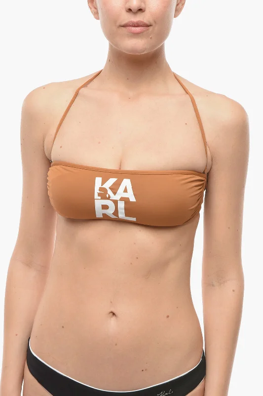 Karl Lagerfeld Solid Color Bandeau Bikini Top with Printed Contrasting Logo