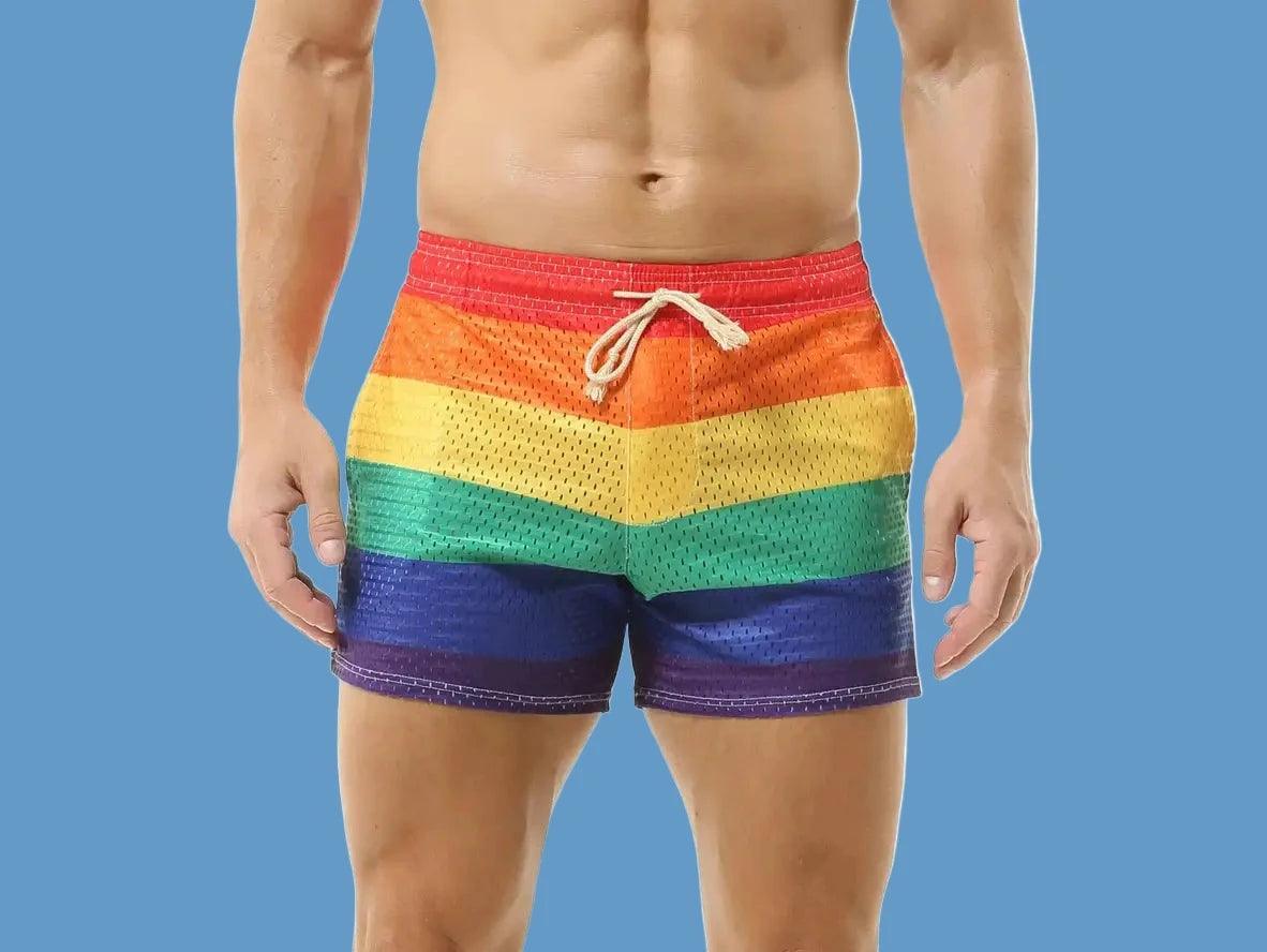 Gay Swim Shorts | CLEVER-MENMODE Rainbow Mesh See Through Shorts