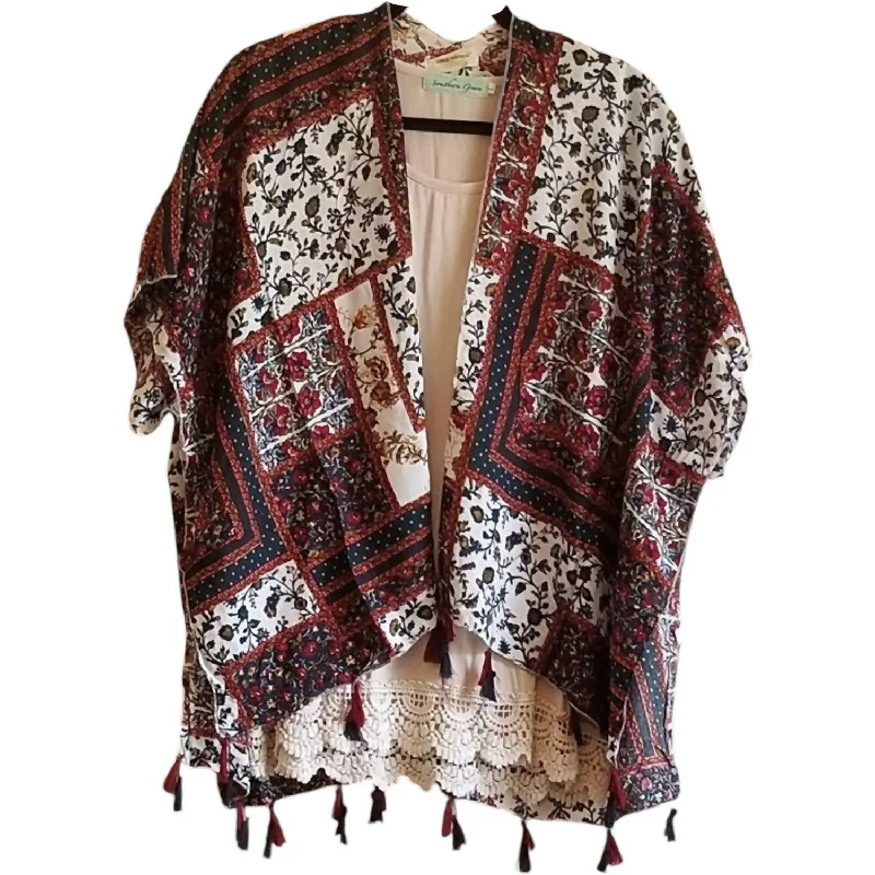 Women's Print Kimono With Tassels In Red