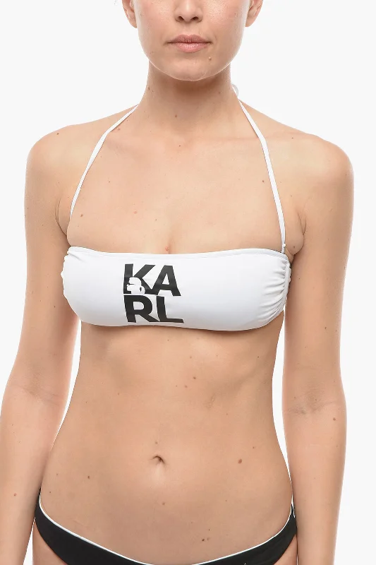 Karl Lagerfeld Solid Color Bandeau Bikini Top with Printed Contrasting Logo